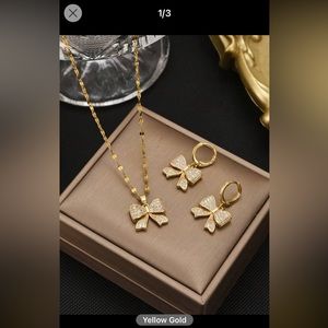1pc Stainless Steel Butterfly Bowknot Necklace + 1pair Butterfly Shaped Earrings